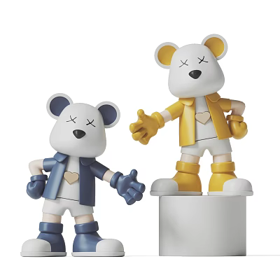 Cartoon Bear Sculpture Carving In Blue Yellow Colors With Different Poses And Hand Gestures 3d model
