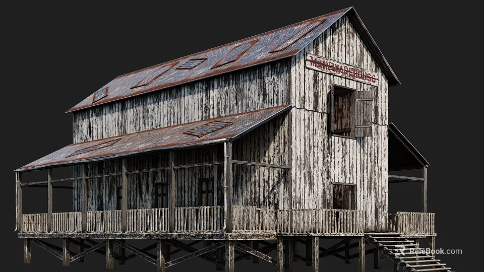 Rustic Wooden Building With Rusted Metal Roof Front Porch Wooden Stairs And Vintage Sign 3d model 