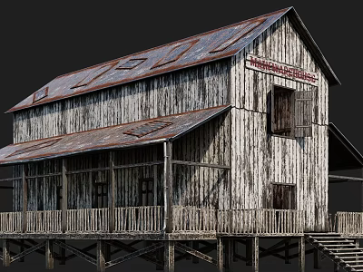 Rustic Wooden Building With Rusted Metal Roof Front Porch Wooden Stairs And Vintage Sign 3d model