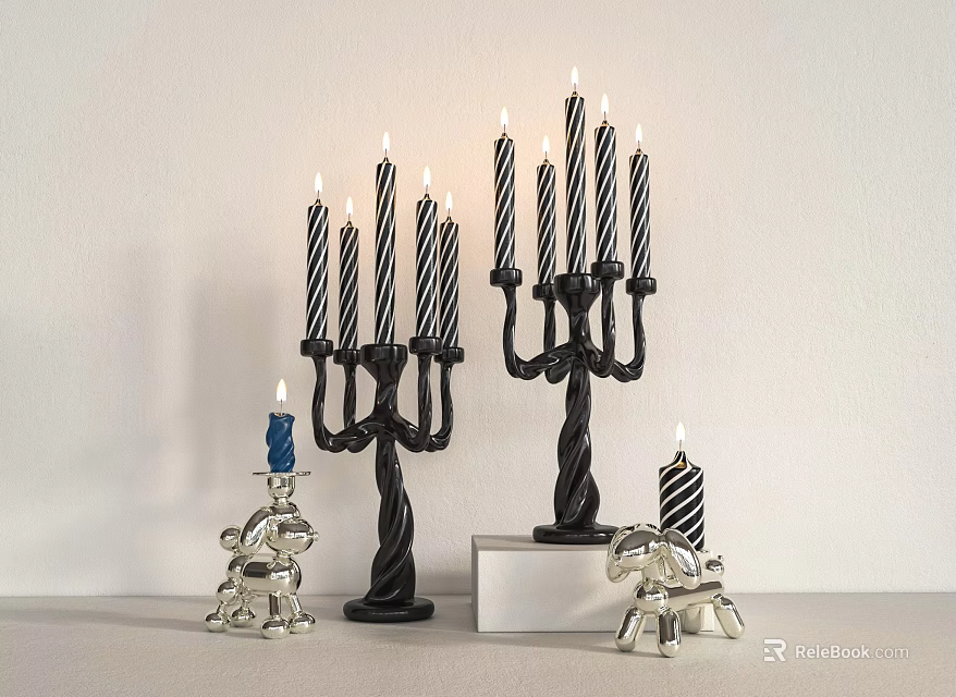 Tabletop Metal Candelabra With Black And White Striped Candles And Small Figurines 3d model 
