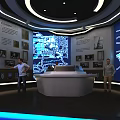 Exhibition Hall Interior Design With White Circular Platform Display Boards And Red Door 3d model