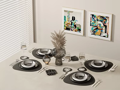 Stylish Decorative Ornament Combination For Dining Table Setup With Tableware Wine Glasses Feather Vase And Wall Art 3d model