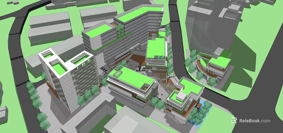 Modern Office Building Complex With Green Roofs And Landscaped Open Spaces 3d model 