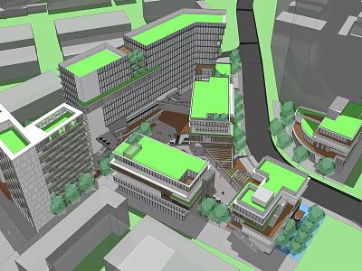 Modern Office Building Complex With Green Roofs And Landscaped Open Spaces 3d model