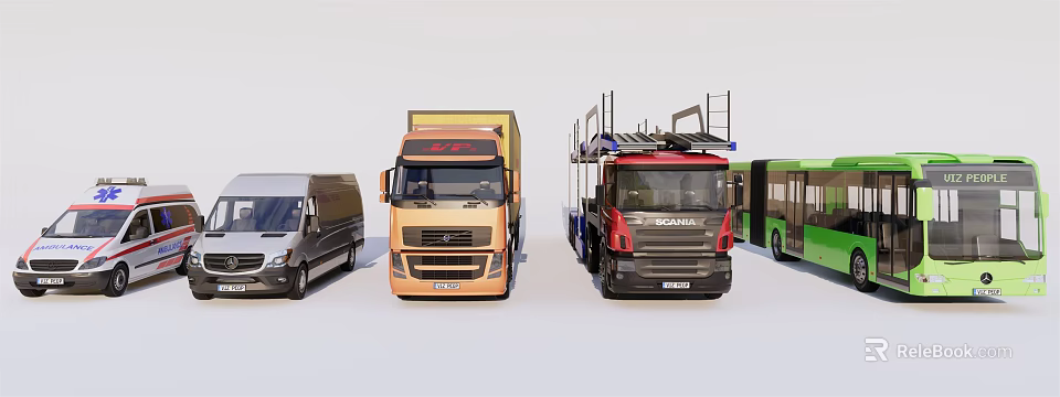 Various Commercial Vehicles Showcasing Vans Trucks and Transporters in Different Styles 3d model 
