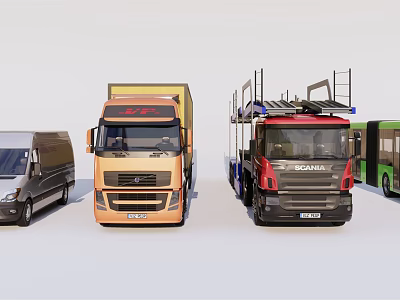 Various Commercial Vehicles Showcasing Vans Trucks and Transporters in Different Styles 3d model