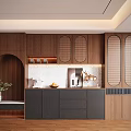 Modern Wooden Decorative Cabinet With Arched Louvered Panels Coffee Machine And Fruit Bowl