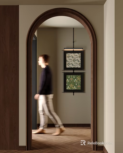 Man Walking Through Arched Doorway In Interior With Decorative Paintings 3d model 