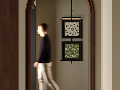 Man Walking Through Arched Doorway In Interior With Decorative Paintings 3d model