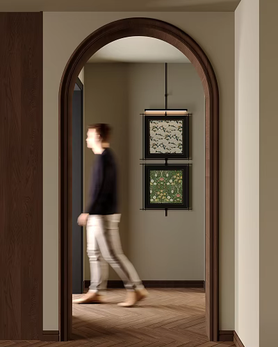 Man Walking Through Arched Doorway In Interior With Decorative Paintings 3d model