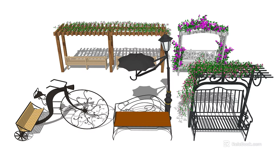 Diverse Landscape Seats With Wooden Iron Designs Pergola And Vine Decorations 3d model 