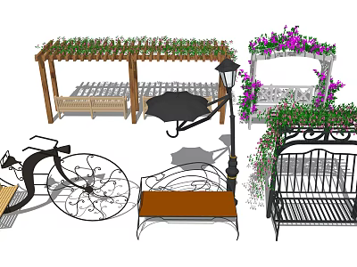 Diverse Landscape Seats With Wooden Iron Designs Pergola And Vine Decorations 3d model