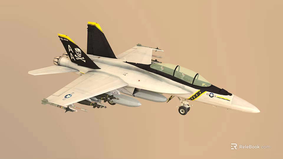 US Navy Military Fighter Jet With Double Seat Cockpit And Black Yellow Tail Design 3d model 