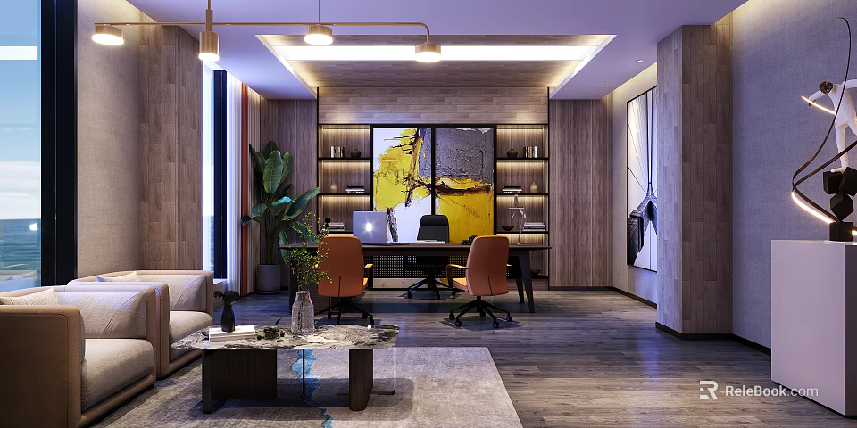 Modern Office Interior With Desk Orange Chairs Green Plant Sofa Coffee Table And Abstract Painting 3d model 