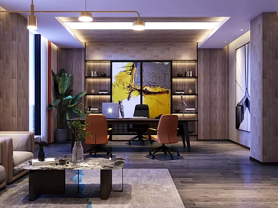 Modern Office Interior With Desk Orange Chairs Green Plant Sofa Coffee Table And Abstract Painting 3d model