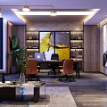 Modern Office Interior With Desk Orange Chairs Green Plant Sofa Coffee Table And Abstract Painting