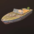 Worn out Green And Blue Boat With Orange Seats And Outboard Motor