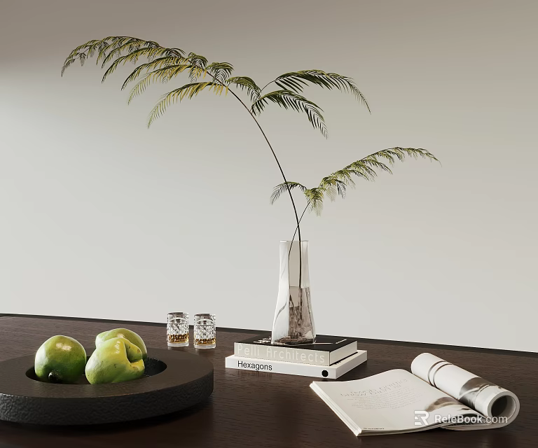 Modern Decorative Accessories Set With Clear Vase Green Fern Black Tray Fruits Books And Magazine 3d model 