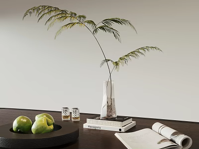 Modern Decorative Accessories Set With Clear Vase Green Fern Black Tray Fruits Books And Magazine 3d model