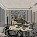 Modern Elegant Living Room Interior With Beige Curved Sofa Round Coffee Table And Geometric Rug