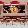 Restaurant Interior Featuring Red Pendant Lights Large Mural Roasted Chicken Lettuce Lime Spices Dining Tables