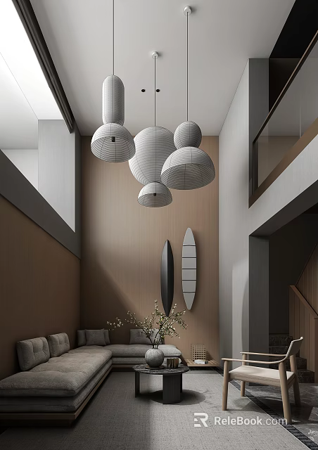 Modern Living Room Interior With Spherical Pendant Lights Neutral Walls And Cozy Sofa 3d model 