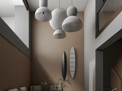 Modern Living Room Interior With Spherical Pendant Lights Neutral Walls And Cozy Sofa 3d model