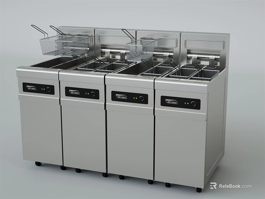 Commercial Stainless Steel Deep Fryers Four Units Professional Kitchen Equipment With Fry Baskets 3d model 