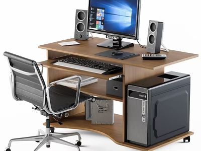 Wooden Office Desk Setup With Computer Monitor Keyboard Mouse Speakers And Chair 3d model