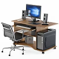 Wooden Office Desk Setup With Computer Monitor Keyboard Mouse Speakers And Chair