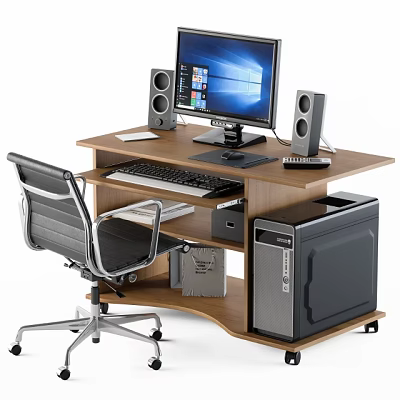 Wooden Office Desk Setup With Computer Monitor Keyboard Mouse Speakers And Chair 3d model