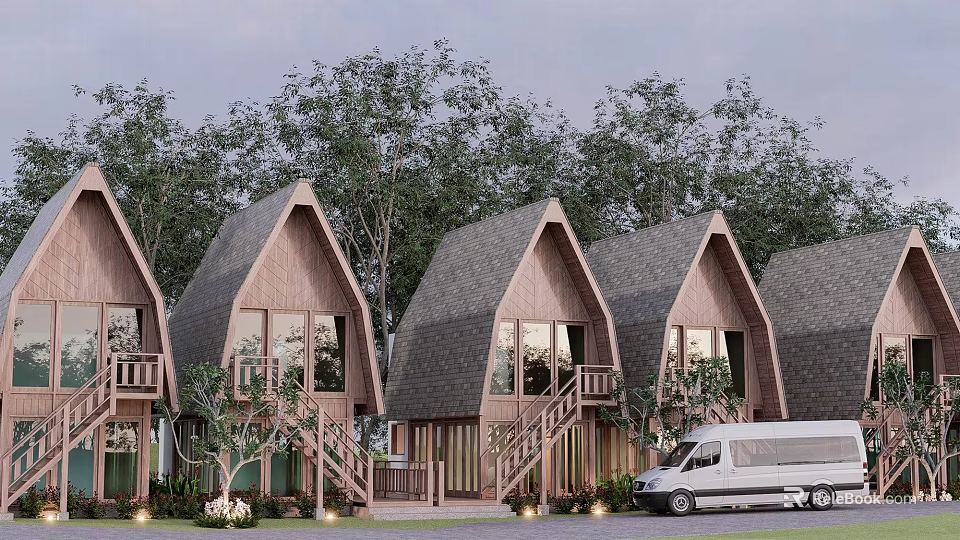 Wooden Detached Villa with Gabled Roof Balconies Staircases and Trees in Natural Setting 3d model 