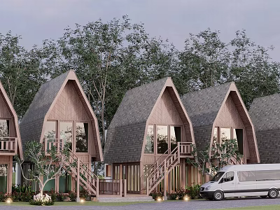 Wooden Detached Villa with Gabled Roof Balconies Staircases and Trees in Natural Setting 3d model