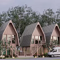 Wooden Detached Villa with Gabled Roof Balconies Staircases and Trees in Natural Setting