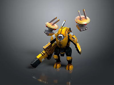 Yellow Mechanical Robot Character With Weapon And Back Red Light Antenna Structures 3d model