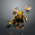 Yellow Mechanical Robot Character With Weapon And Back Red Light Antenna Structures 3d model