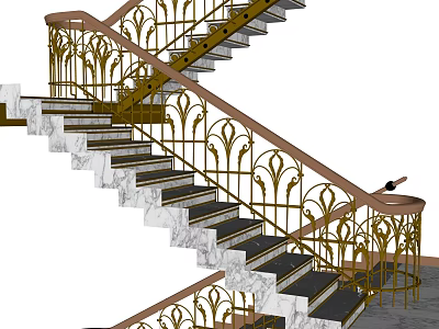 Elegant Staircase With Marble Steps Golden Wrought Iron Railings And Wooden Handrail 3d model