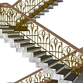 Elegant Staircase With Marble Steps Golden Wrought Iron Railings And Wooden Handrail