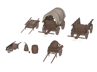 Vintage Wooden Covered Uncovered Wagons And Carts With Barrels Sacks Accessories 3d model