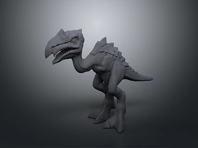 Grey 3D Dinosaur Model Sculpture With Open Mouth Spiked Back And Standing Pose 3d model