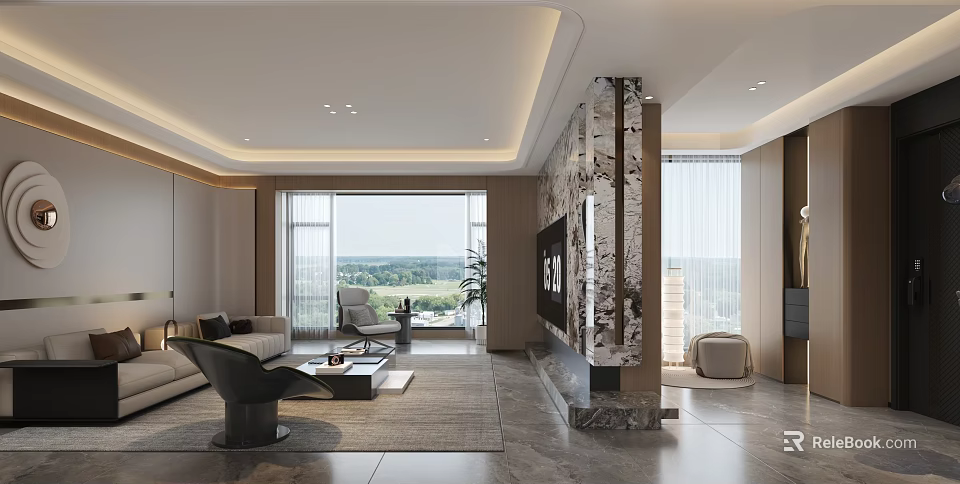 Modern Living Dining Room Interior With Floor to Ceiling Windows Scenic View Marble TV Wall 3d model 