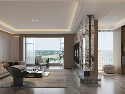 Modern Living Dining Room Interior With Floor to Ceiling Windows Scenic View Marble TV Wall 3d model