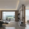 Modern Living Dining Room Interior With Floor to Ceiling Windows Scenic View Marble TV Wall