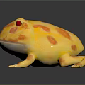 Realistic Yellow Reptile with Pink Spots and Red Eyes on Reflective Surface