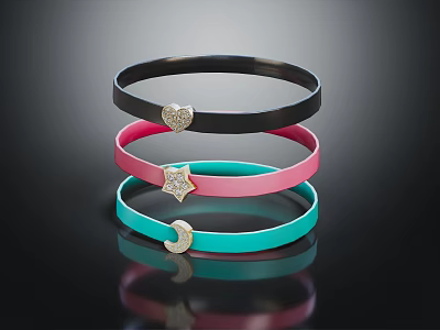 Fashion Black Pink Turquoise Bracelets With Heart Star Moon Shaped Diamond Decorations 3d model