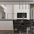 Modern Living Room Interior Design With Circular Pendant Lights Black Sofa And Large Windows