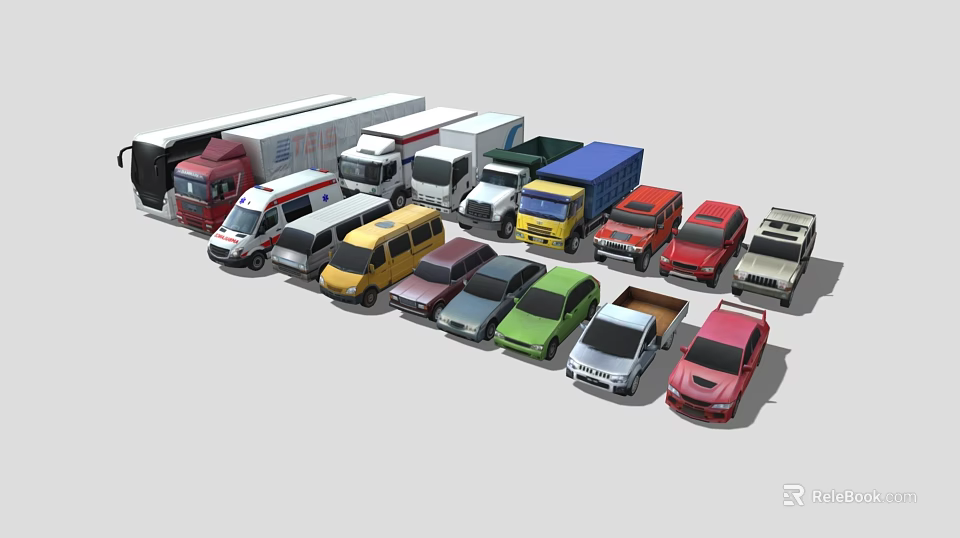Various Types of Vehicles Including Trucks Vans Cars and SUVs in Different Colors 3d model 
