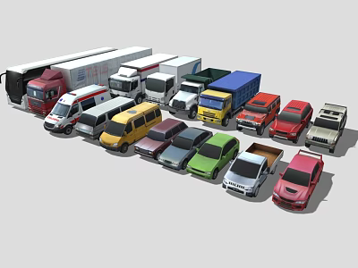 Various Types of Vehicles Including Trucks Vans Cars and SUVs in Different Colors 3d model