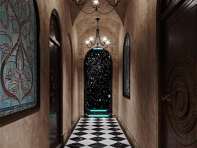 Elegant Corridor With Black White Checkered Floor Arched Doorway Chandeliers And Starry Sky End Door 3d model