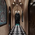 Elegant Corridor With Black White Checkered Floor Arched Doorway Chandeliers And Starry Sky End Door